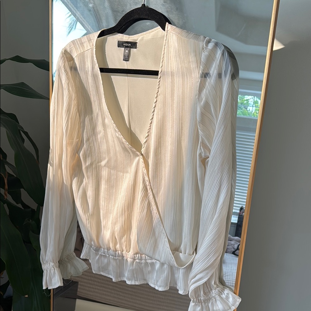 Aqua Cream Ruffled Wrap Blouse